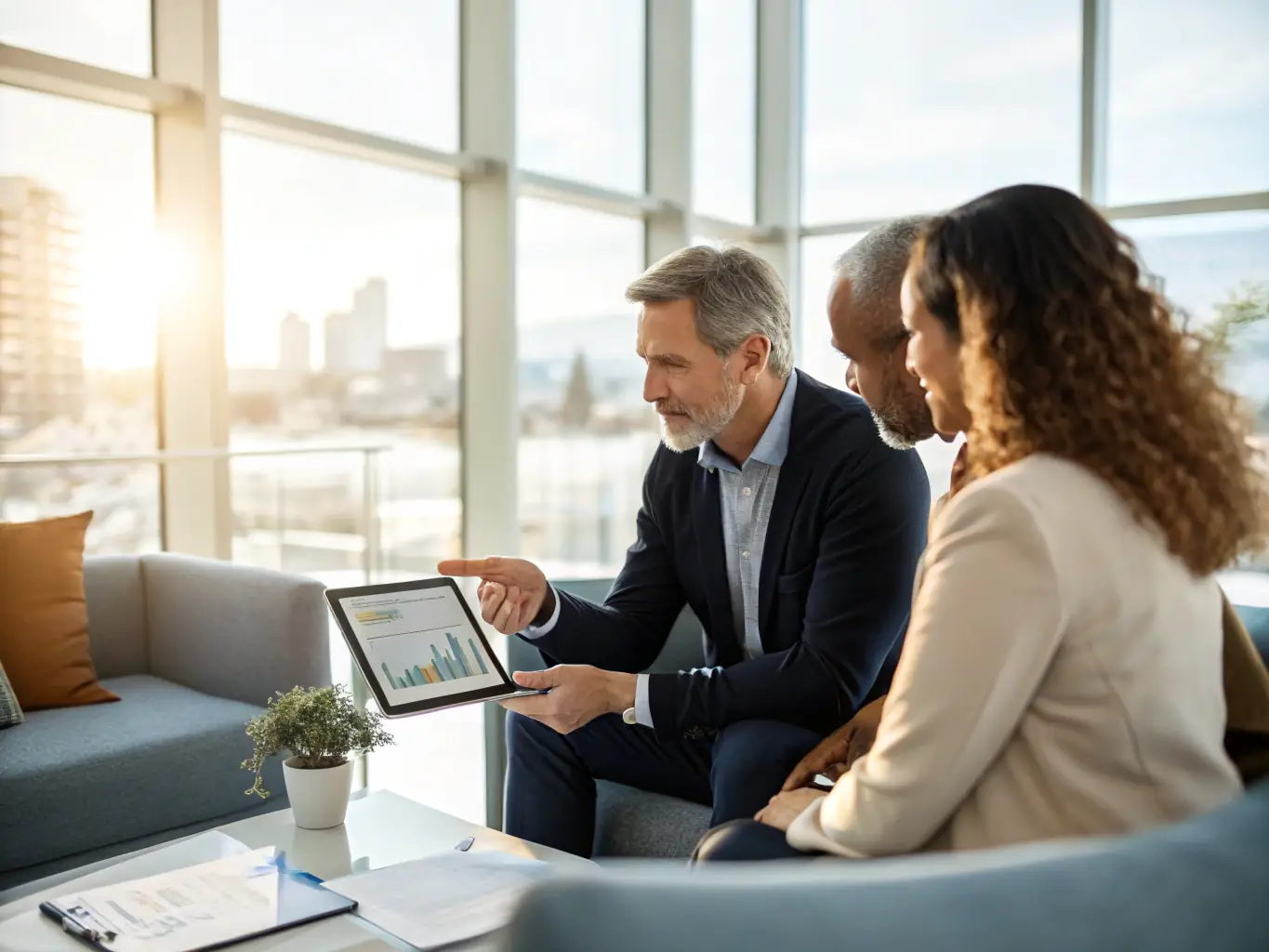 A professional financial planner discussing a plan with a South African couple using charts and documents, illustrating Soupspace's Financial Planning service.