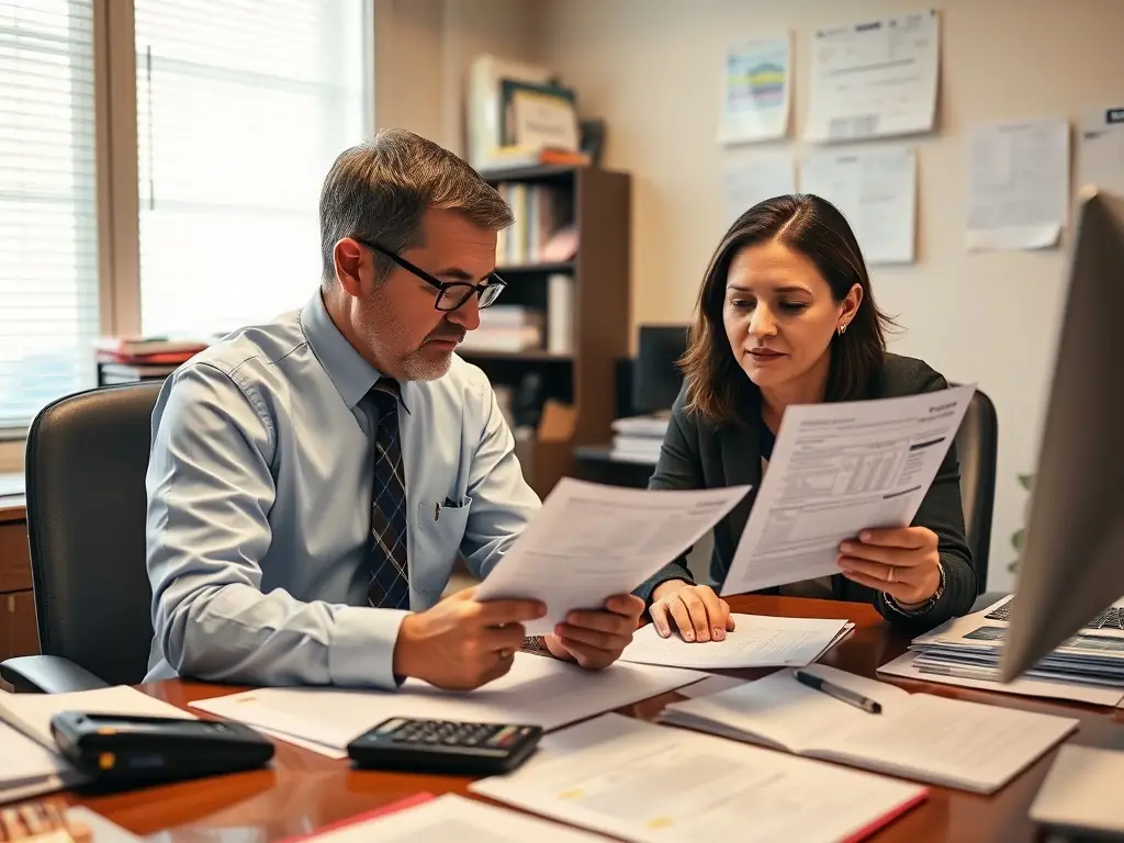 An image of a tax advisor reviewing documents with South African tax forms and calculators, representing Soupspace's South African Tax Strategy service.