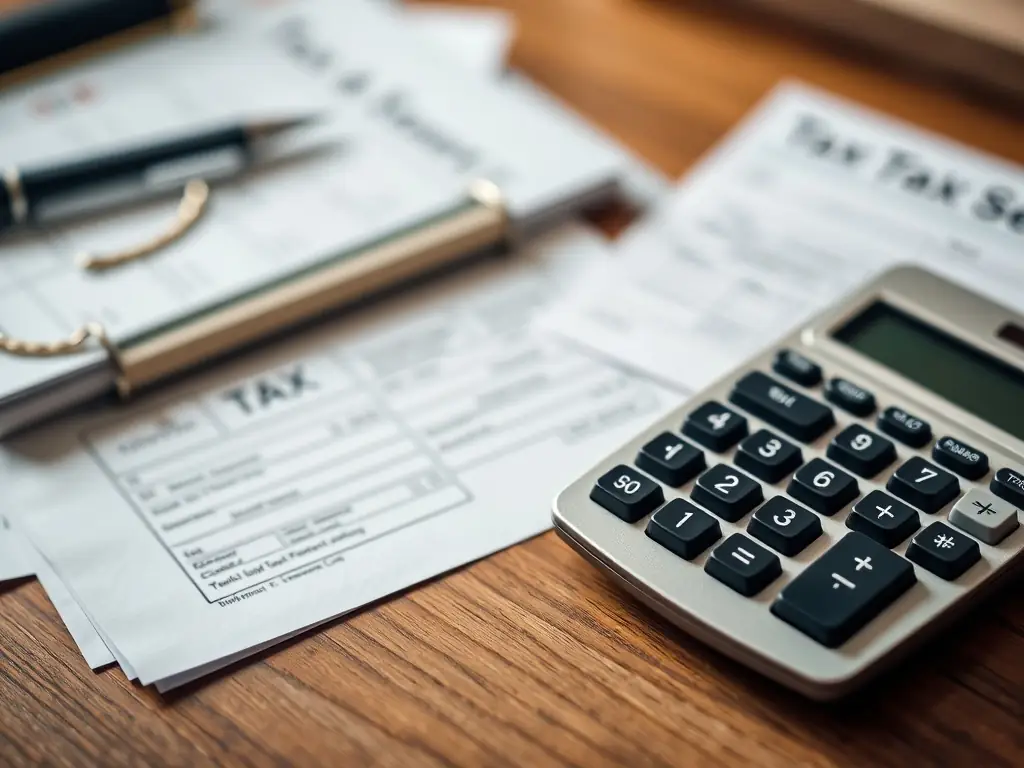 A calculator and tax documents on a desk, symbolizing tax strategy and financial planning.