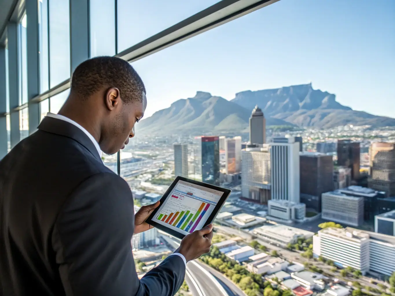 An image of a financial advisor explaining investment options to a client with South African currency and charts in the background, representing Soupspace's Investment Education service.