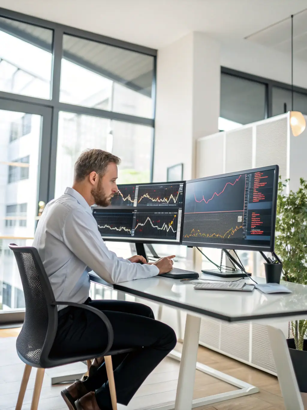 A professional working on a detailed business plan in a modern office environment, with financial charts displayed on a monitor.