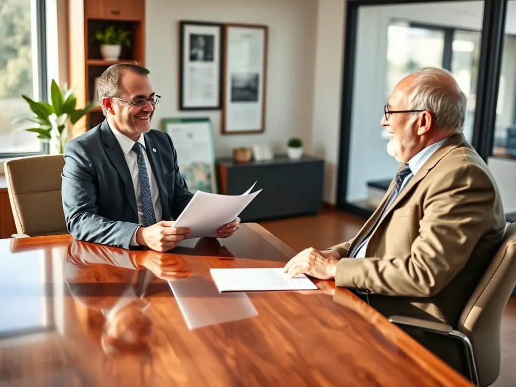 A consultant sitting at a desk, reviewing financial documents with a client in a modern office setting, symbolizing personalized financial advice.